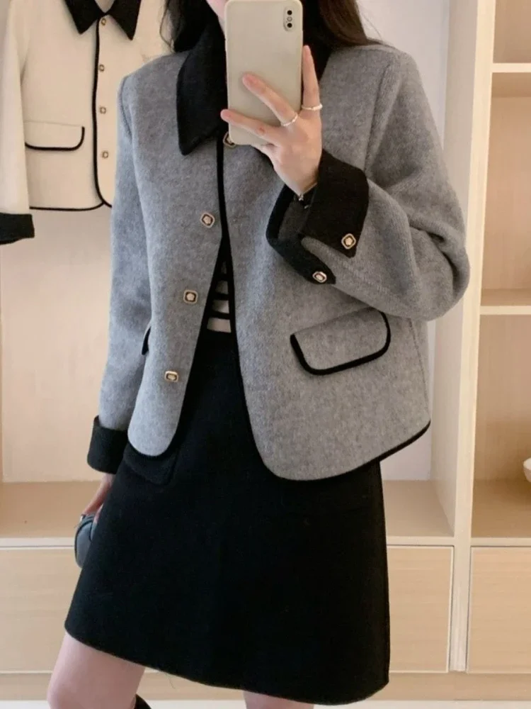 Women 2026 Autumn Winter Short Double Faced Woolen Coat French Chic Petite Gold Button Jacket