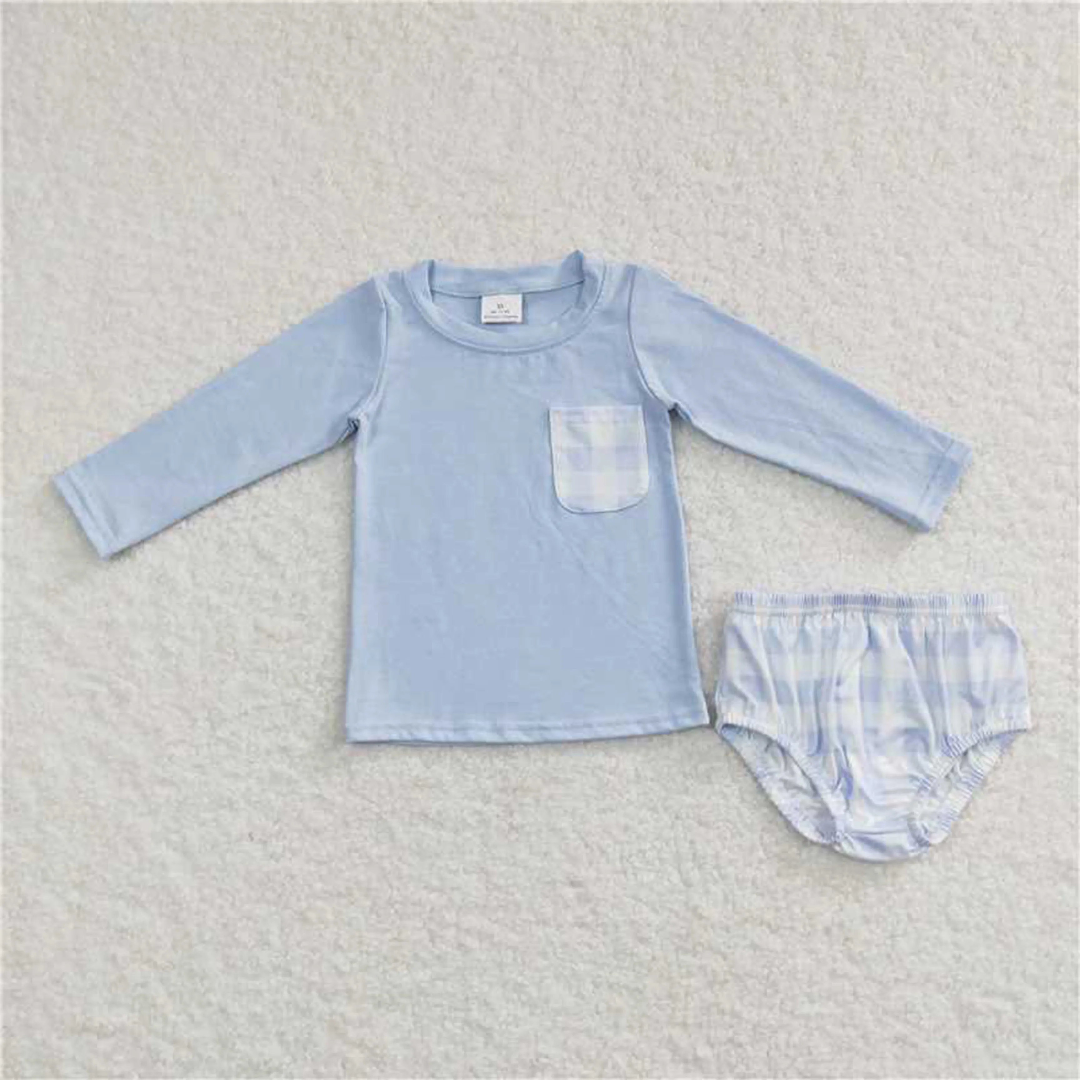 Wholesale Kids Long Sleeves Floral Tunic Blue Pink Cotton Bummie Shorts Infant Outfit Children Baby Girl Toddler Flower Set