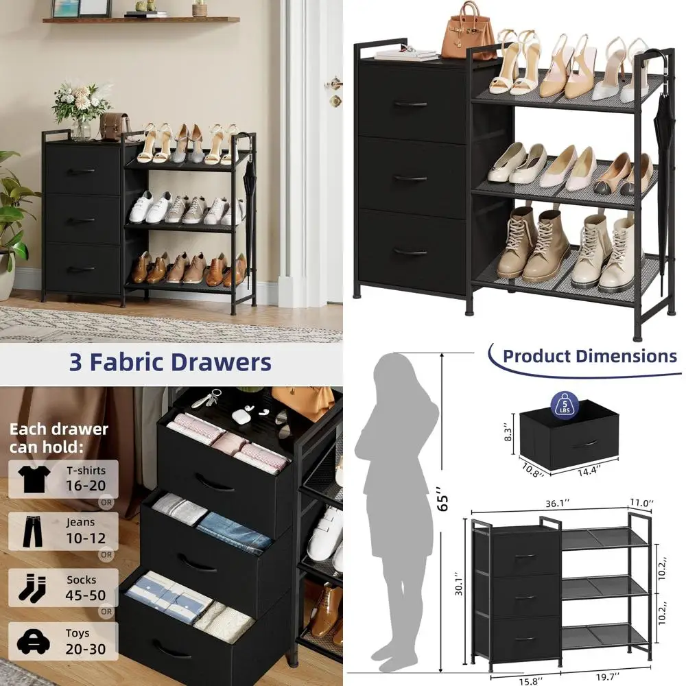 

Компактная трехъярусная металлическая полка для обуви с ящиками, вмещает 6–9 пар, идеально подходит для хранения в прихожей черного цвета.