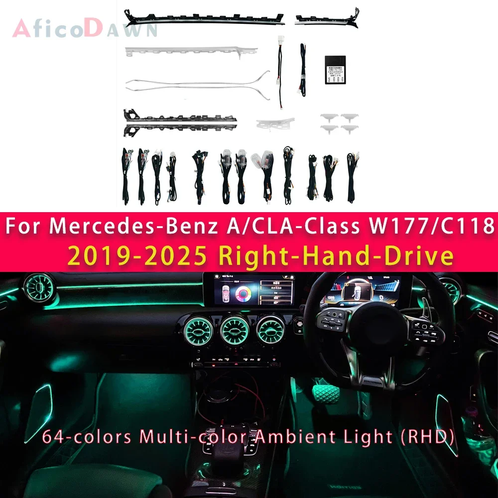 For Mercedes-Benz A/B/CLA/GLA/GLB-Class W177 W247 C118 X247 64 Colors LED Basic Atmosphere Light Kit Right Hand Drive RHD
