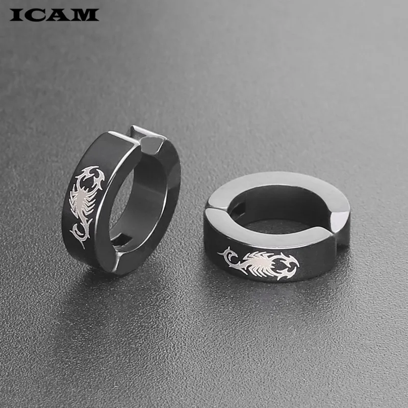 ICAM 2018 New 1Pair Cool Punk Men's Stainless Steel Punk Earring no Piercing Round Stud Earings Men Fashion Jewelry Ear Studs