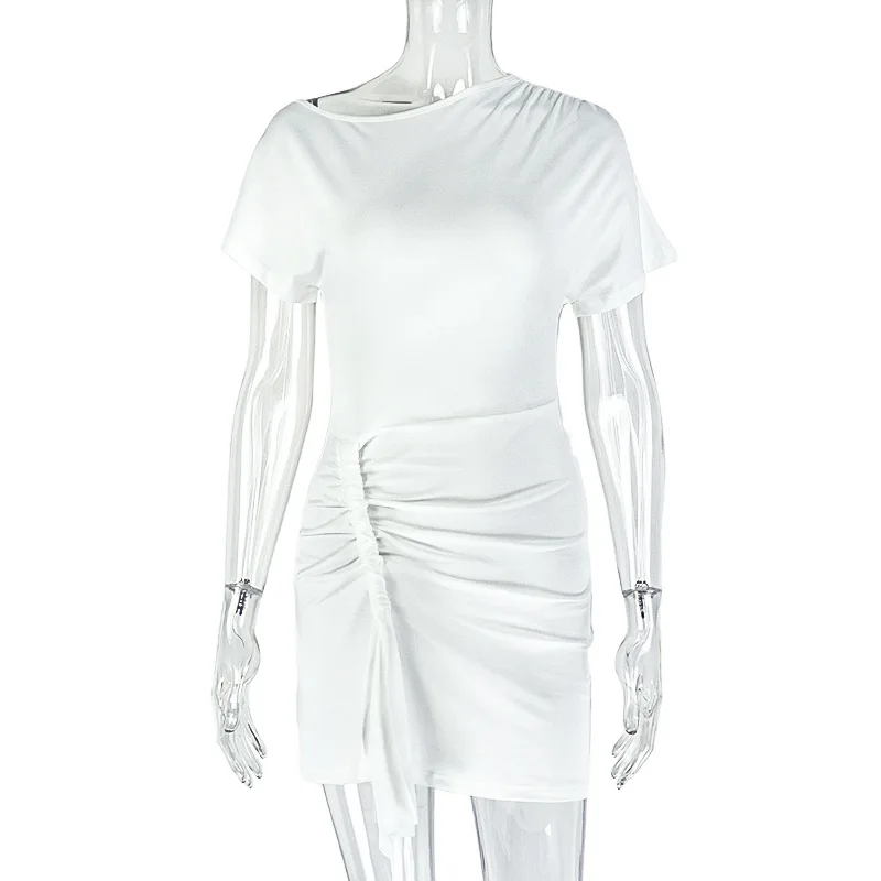 STYLISH LADY Elegant Drapedชุดมินิ 2025 ฤดูร้อนผู้หญิงแขนสั้นหนึ่งไหล่BodyconสีทึบClub Party Mini Vestidos