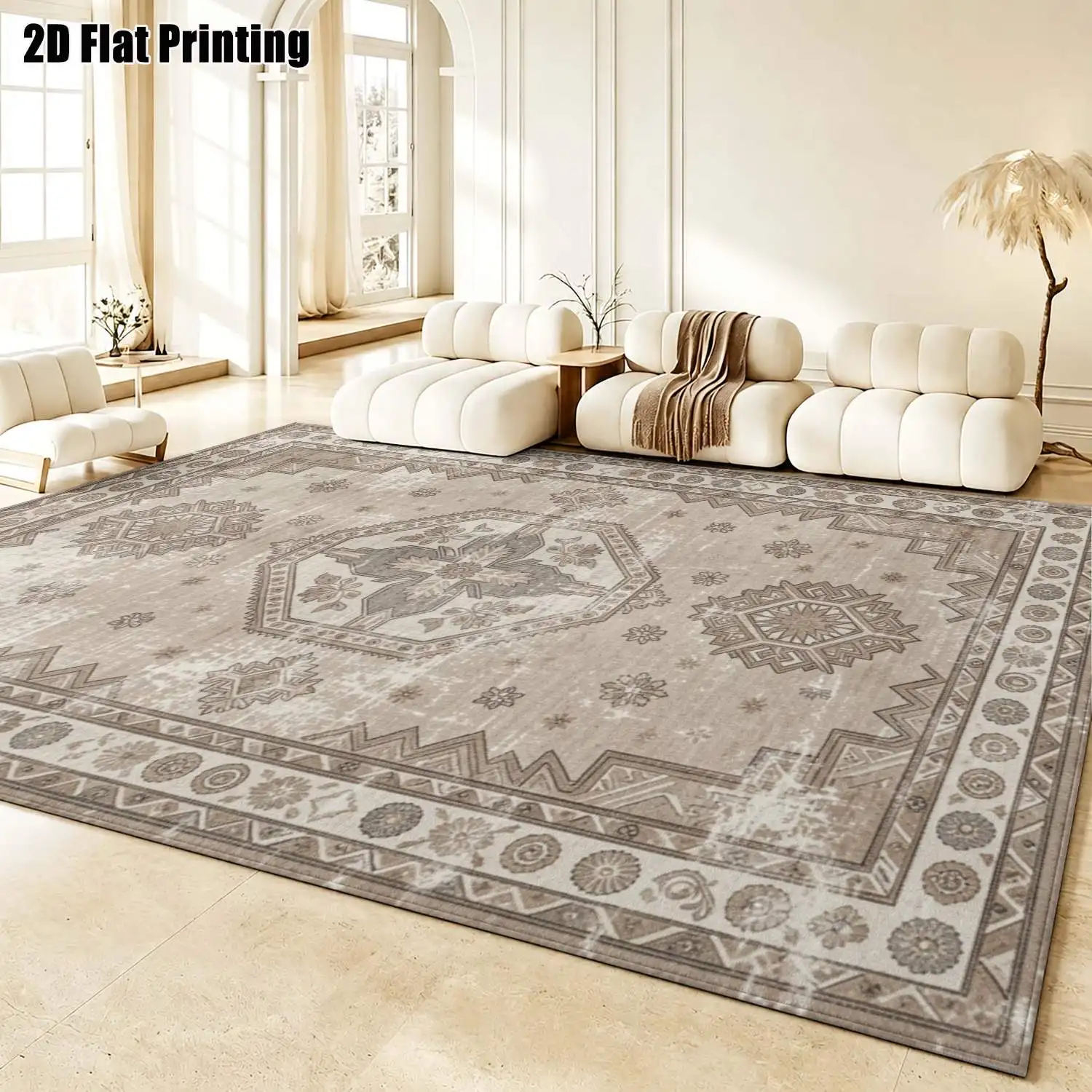 1Pc 2D Printed Carpet: Beige Geometric Retro Pattern, European/Bohemian Style, Machine Washable, Multi-Size, Ideal for Home Decor & Various Spaces