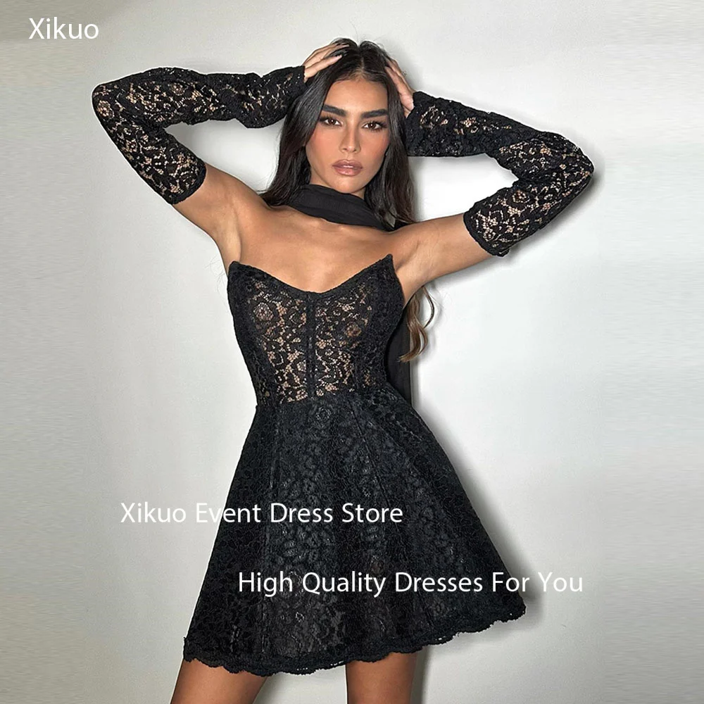 

Xikuo Fashion Black Lace Prom Gown Pleated Bespoke Occasion Party Gowns Illusion Three Quarter Sleeves Evening Dress Customized