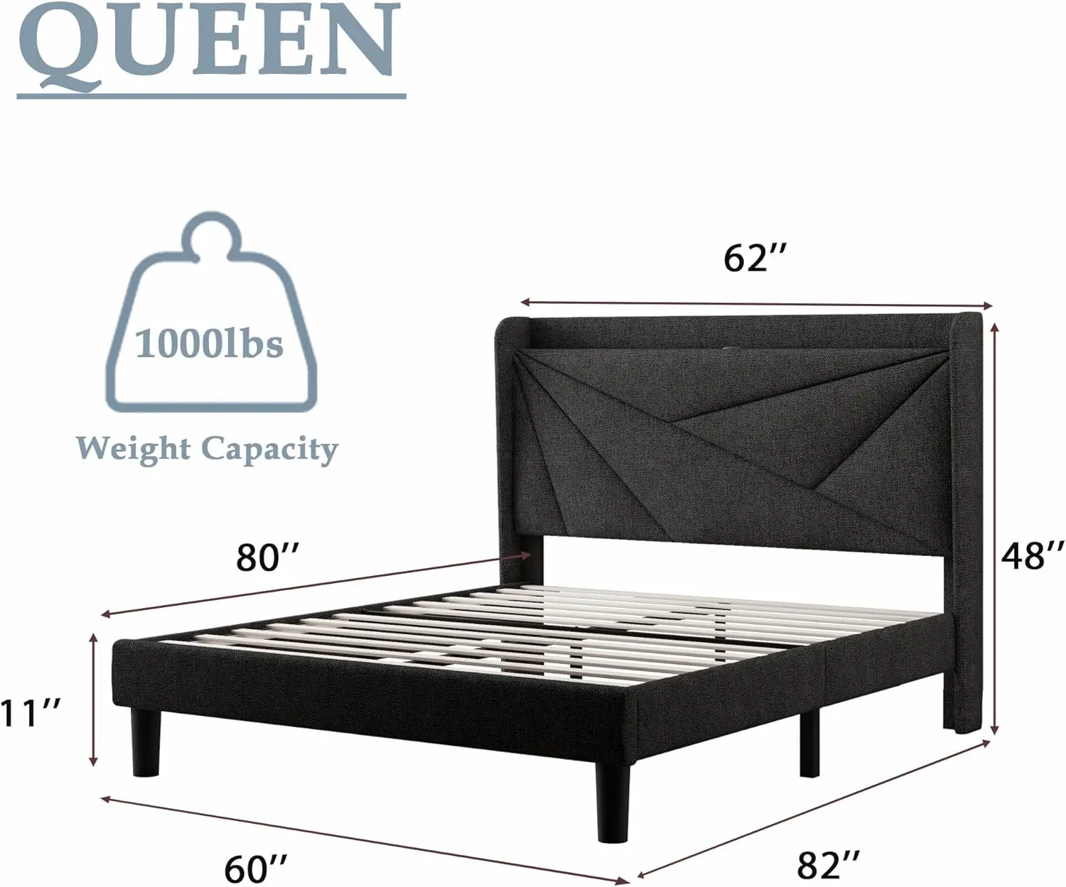 Queen Bed Frame with Type-C & USB Ports, Upholstered Platform Bed Frame with Storage Headboard, Solid Wood Slat