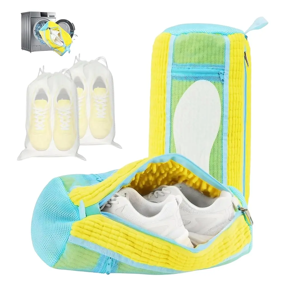 Reusable Shoe Washing Machine Bags for Washer & Dryer, 2-Pack | Chenille Microfiber for 360° Deep Cleaning | Protects Shoes &