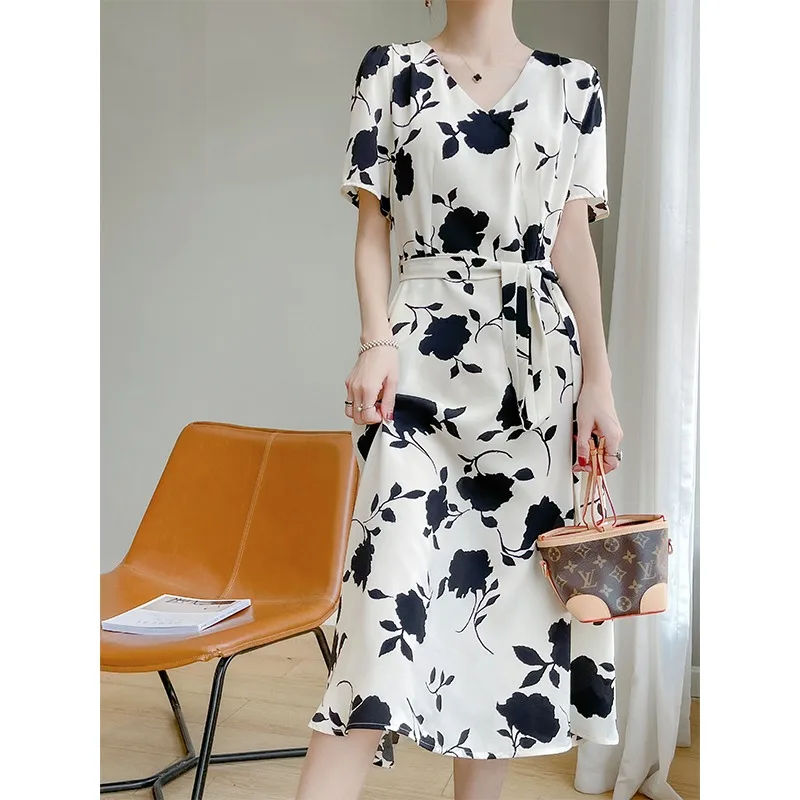 Ele Silk Floral Print Maxi Dr Women's ort Sve Waist-Cinching Korean Sle V-ne A-line Summer New Arrival