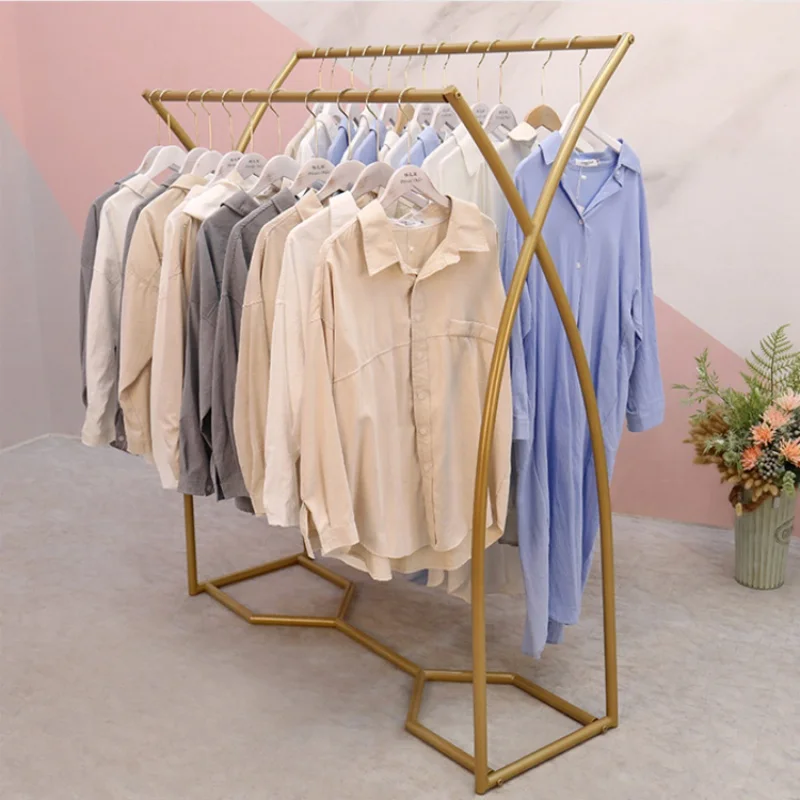 custom，European Style Gold Island Display Rack Standing Display Stand Simple Clothing Shop Furniture Double Bar