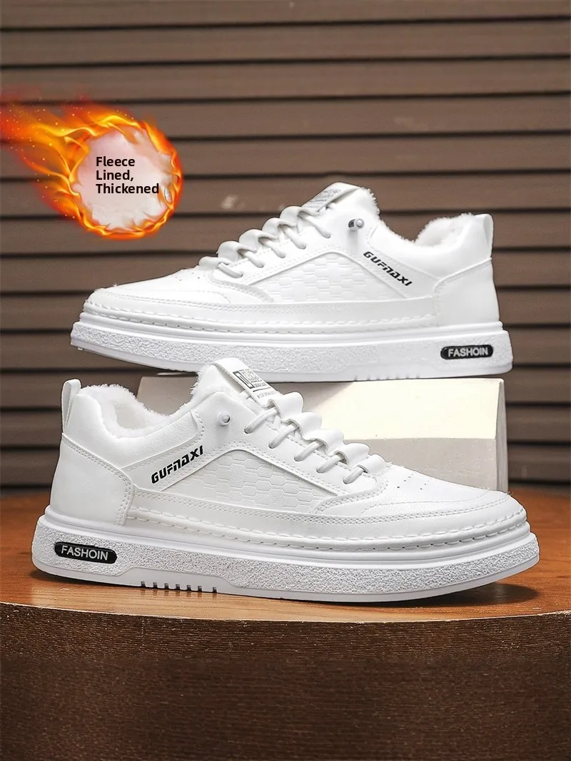 

Men's Winter Fleece Lined Casual Slip-On Leather Shoes Warm Cotton Youth Low Top Outdoor Leisure Rubber Sole Color