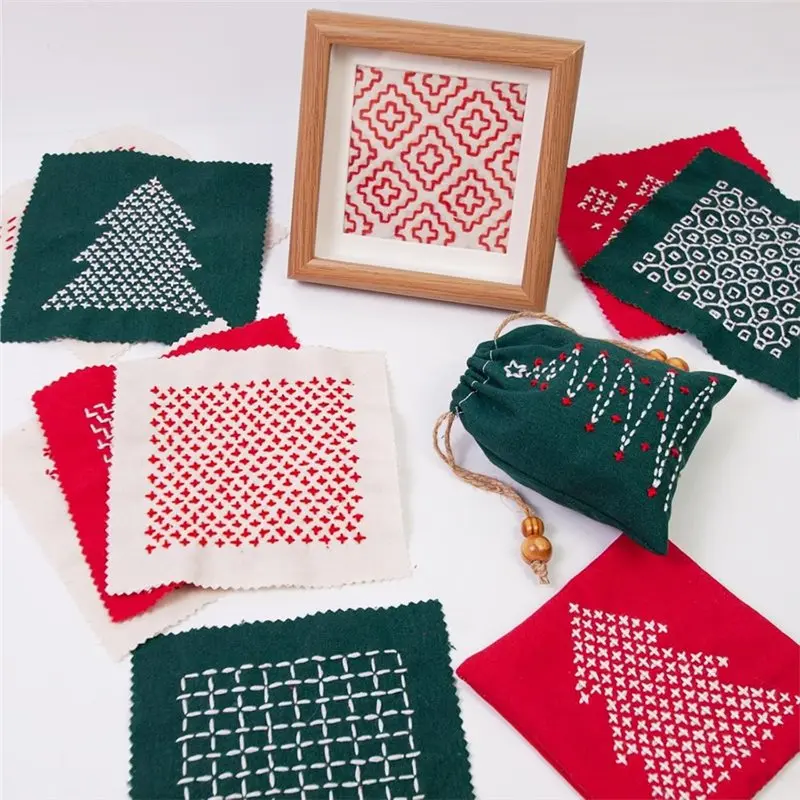 قماش ALIM-Thimble، خياطة اللحف اليدوية، طقم تطريز بنمط قابل للذوبان في الماء، خيط Kitsashiko لعيد الميلاد المجيد للمبتدئين