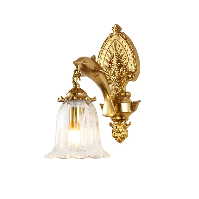 

French Home Decor Entrance Hallway Cloakroom Bedside Gold Copper Wall Lamp European Brass Glass Wall Sconce Light