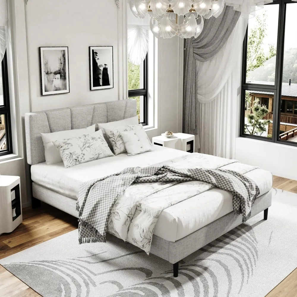 

Queen Size Platform Bed Frame with Upholstered Headboard, Wooden Slats Support, Noise Free, No Box Spring Needed, Easy Assembly,