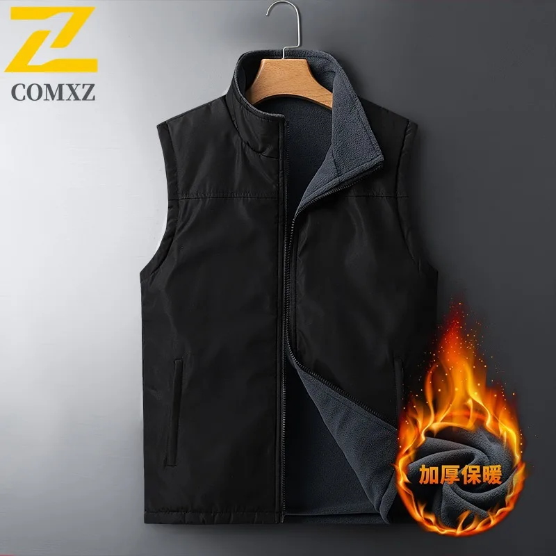 COMXZ 2025 T01 Autumn New Middle Aged Fleece Vest Reversible Waistcoat Turn Down Collar Top Plus Size Mens Vest