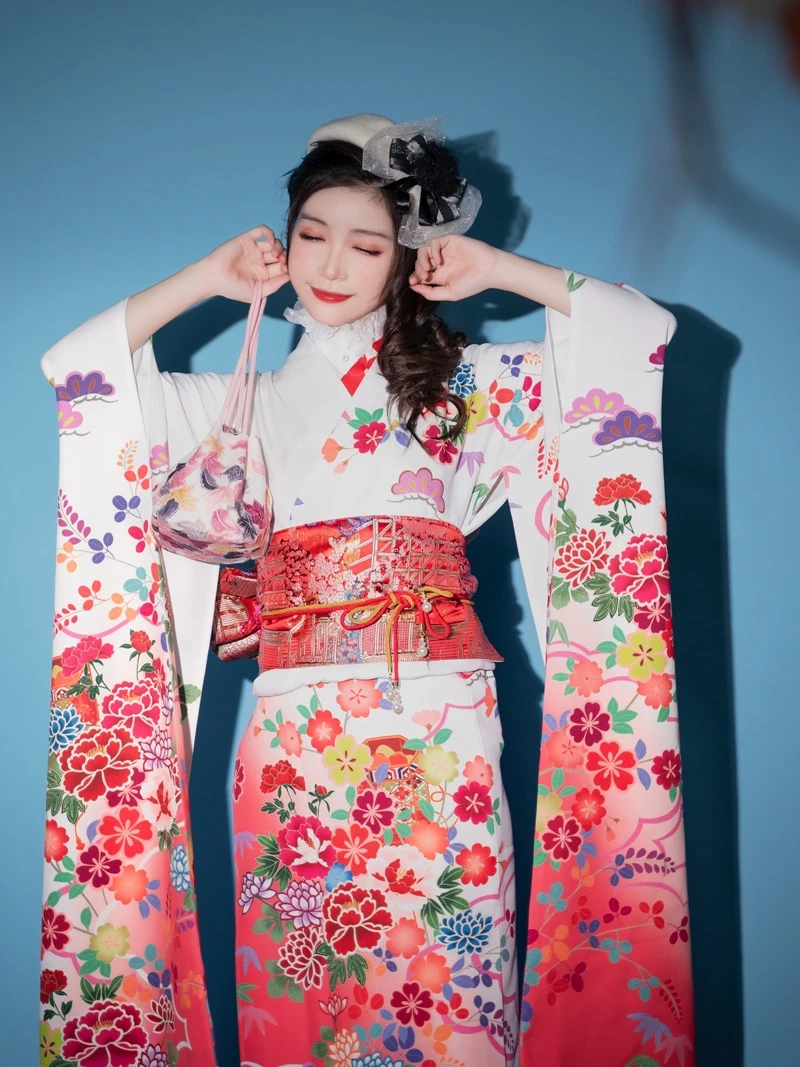 Japanese Traditional Kimono, Formal Suit Flower, Long Sleeve, with Belt Dress 160cm Length, Red and White,Polyester