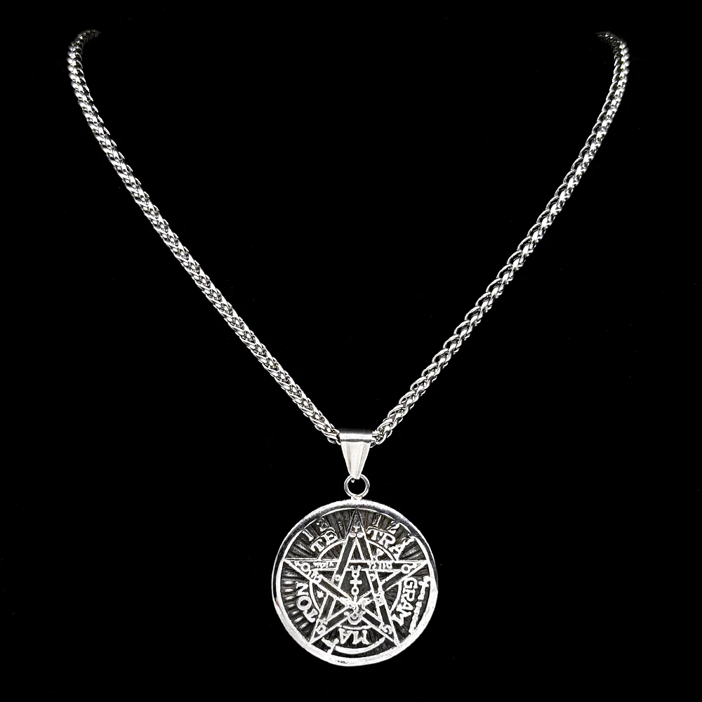 Hexerei-Pentagramm-Halskette für Frauen, Edelstahl, schwarzes Tetragrammaton, Solomon, Gothic, Dark Punk, Amulett, Herrenkette, Schmuck – Detail 6