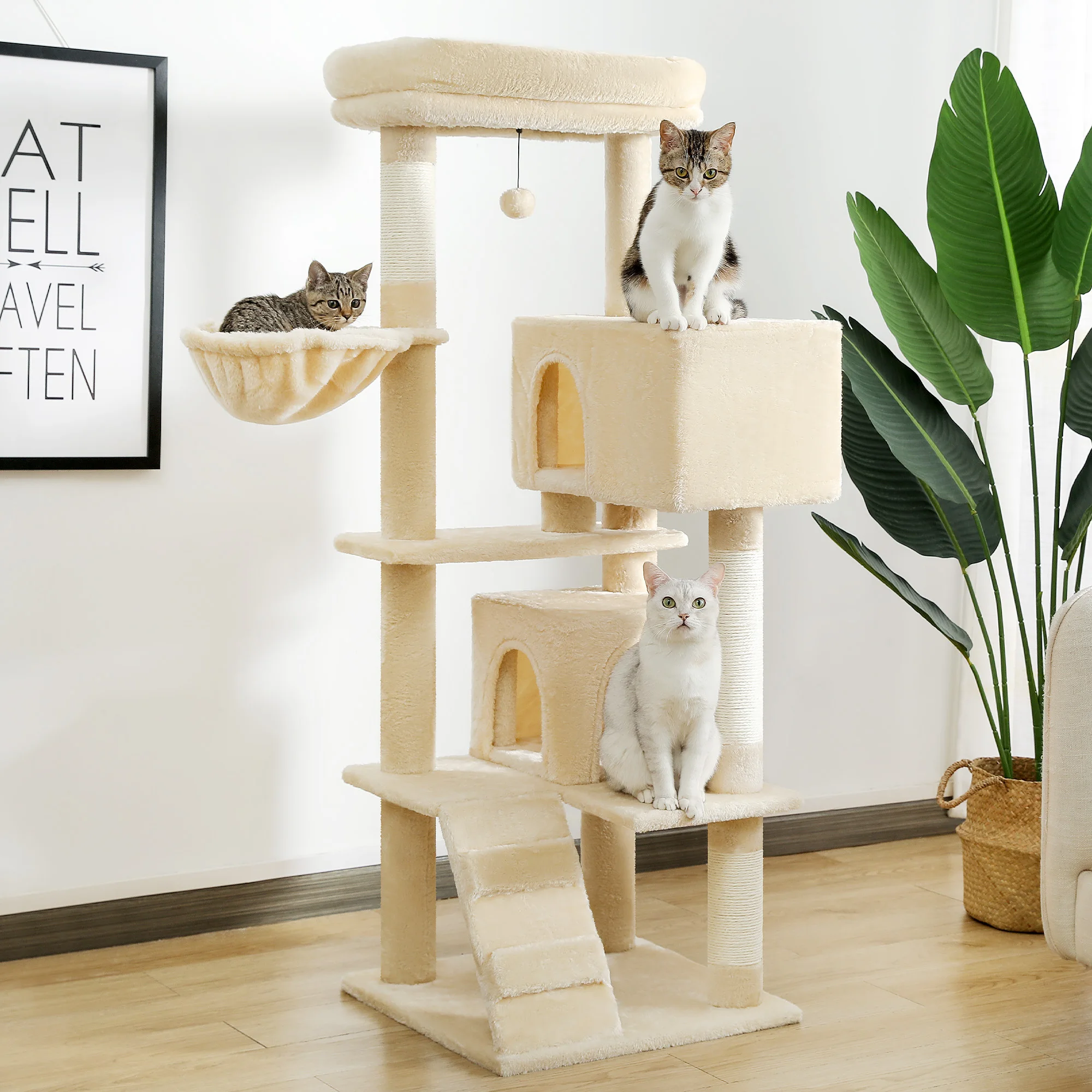 Large Cat Tree Double Condos Sisal Scratching Posts for Kitten Multi-Level Tower with Ladder Specious Cozy Hummock Top Perch