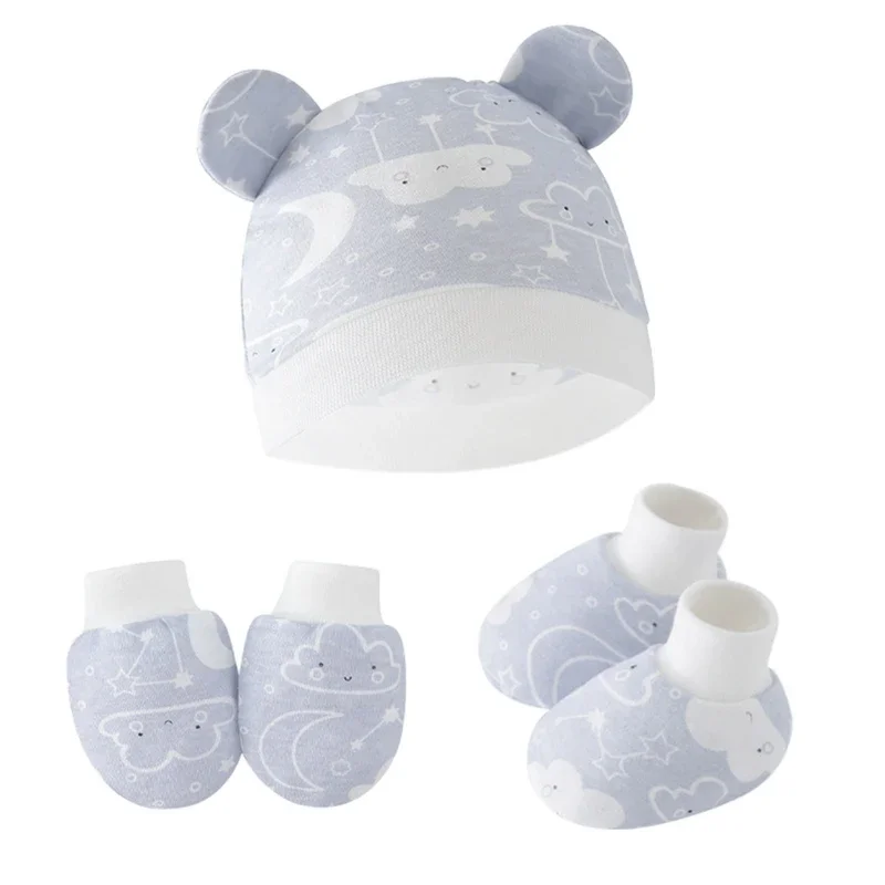 Newborn Baby Hat Anti Scratch Gloves and Socks Set Cotton Headwear Anti-grab Mittens and Foot Cover for Boys Girls