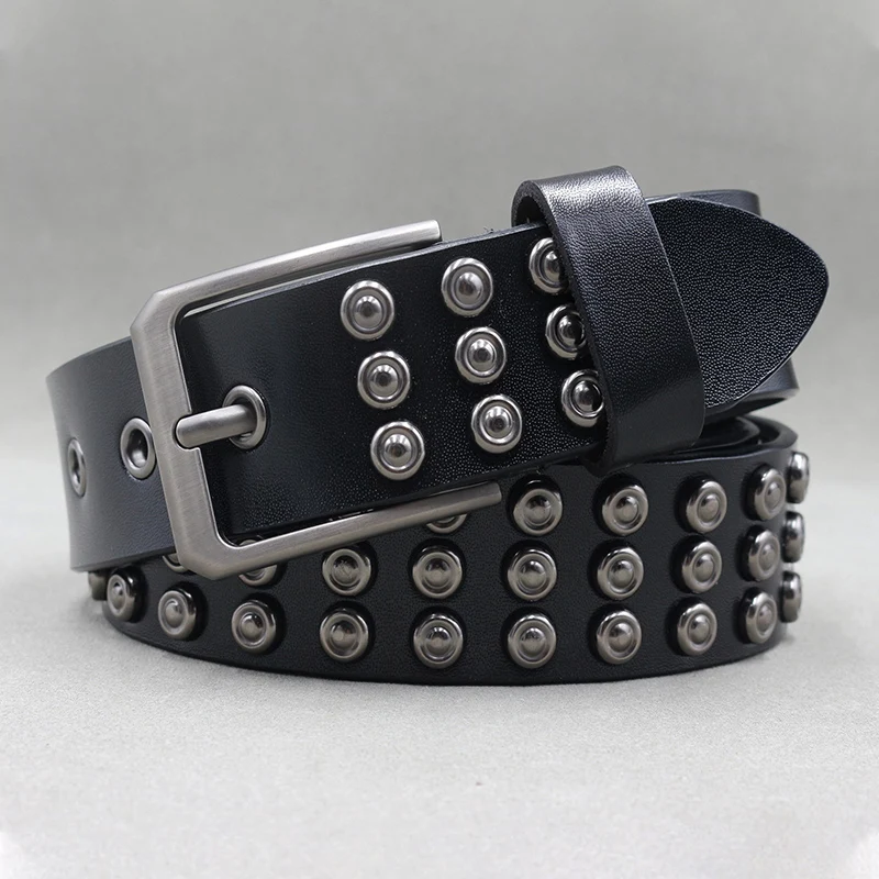 

Western Hip Punk Round Rivet Design Black Leather Men Belt Fahion Jeans Causal Pants Nightclub Belt for Mens