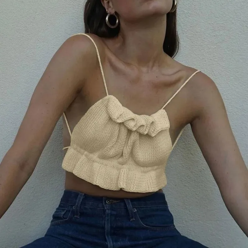 

White Knitted Corset Crop Top Y2k Women Sexy Backless Short Tank Bandage Crochet Tops Summer New Off Shoulder Ruffled Camis Tees