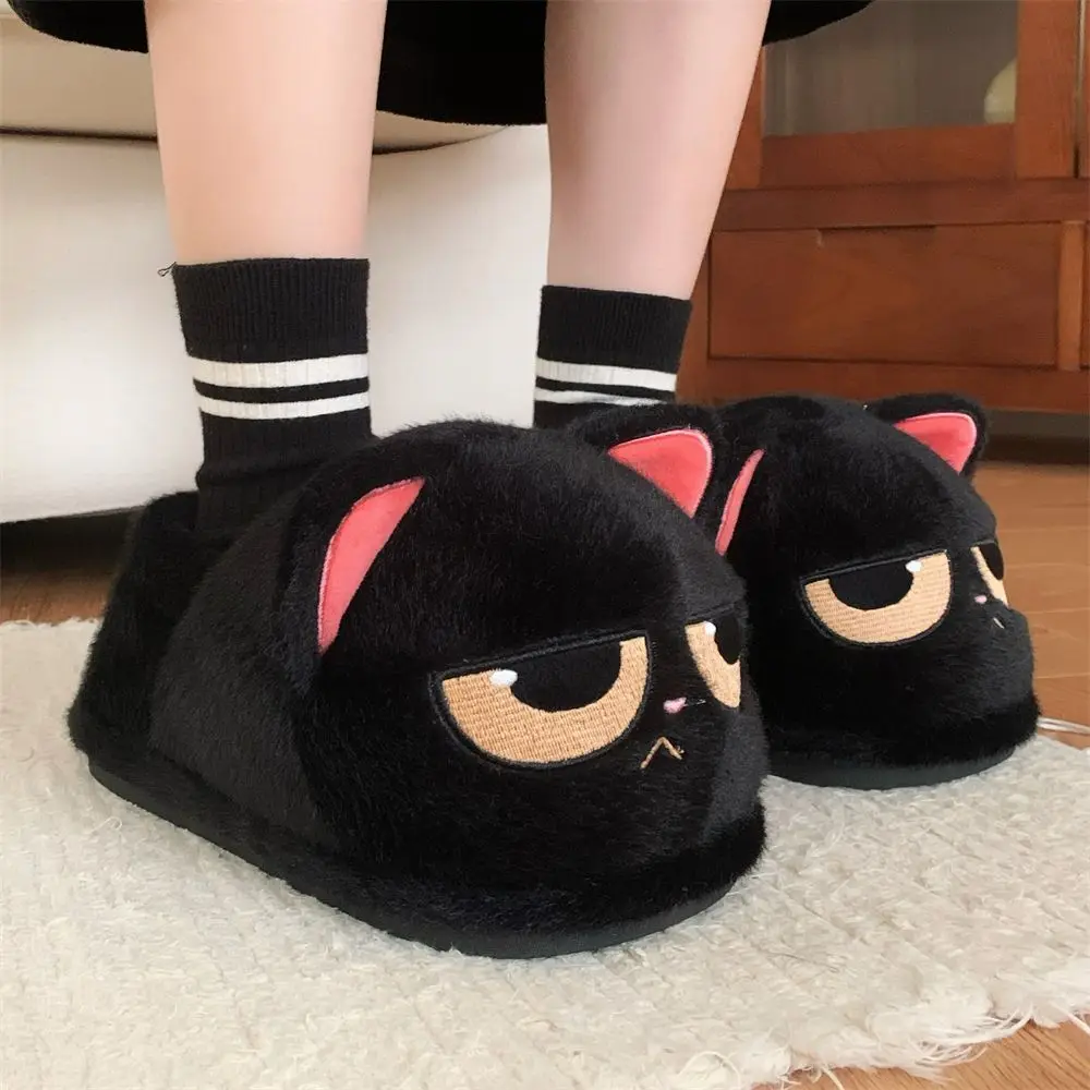 Zapatillas de invierno negras con diseño de gatito para hombre y mujer, chanclas de interior para el hogar, zapatos divertidos para mujer, zapatillas de gatito peludas, zapatos de interior para amantes de los gatos
