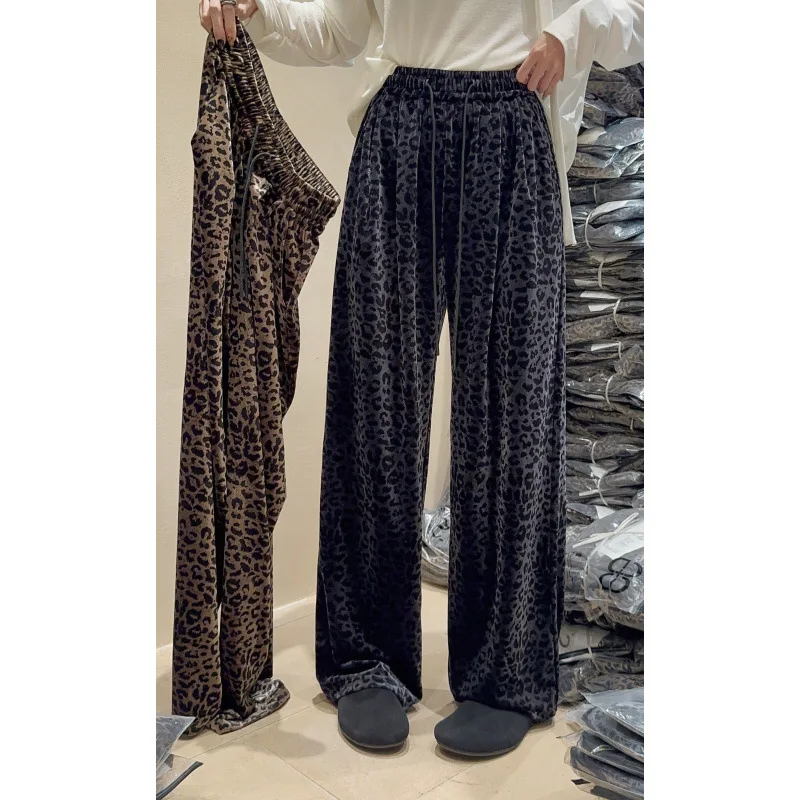 Women's Leopard Print Elastic High Waist Long Pants Cheetah Printed Wide Leg Loose Trousers with Pockets