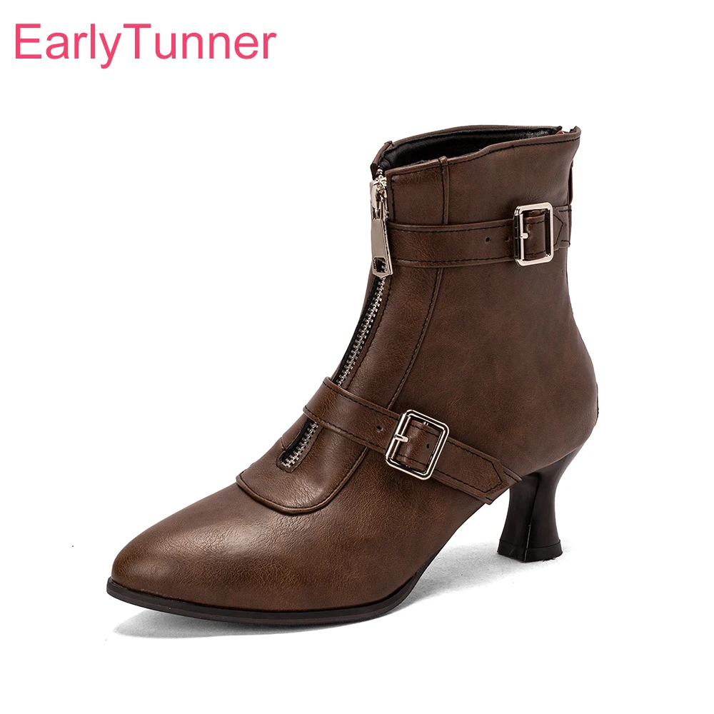 

New Winter Glamour Brown White Women Ankle Boots Hot Pointed Toe High Heel School Lady Shoes Plus Big Size 12 43 45 48