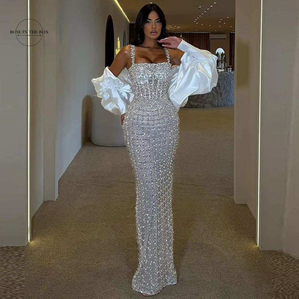 ROSEINTHEBOX Evening Dresses Luxury Mermaid Crystal Beading Cocktail Party Gown Spaghetti Strap Prom Dress Abendkleider Hochzeit