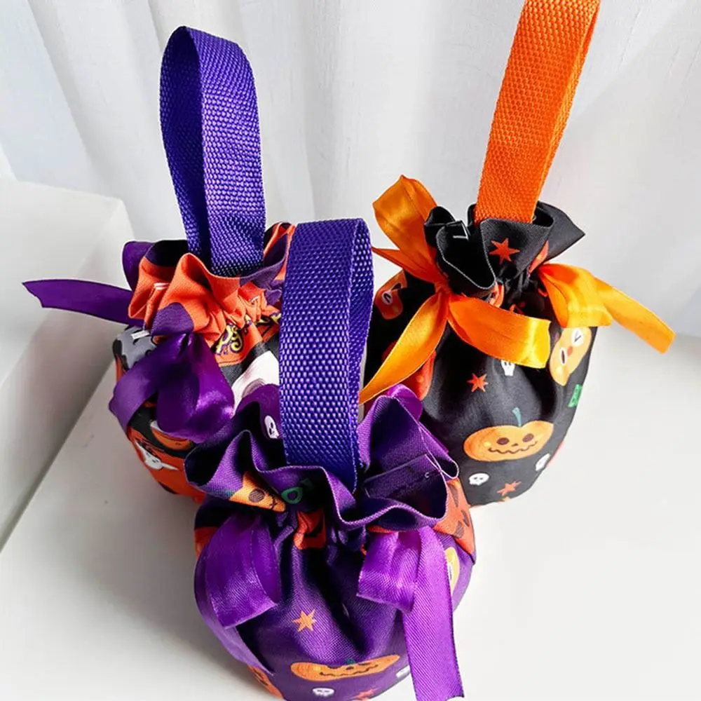 휴대용 할로윈 캔디 토트 백 휴대용 호박 패턴 디자인 할로윈 간식 가방 끈/스냅 버튼 경량