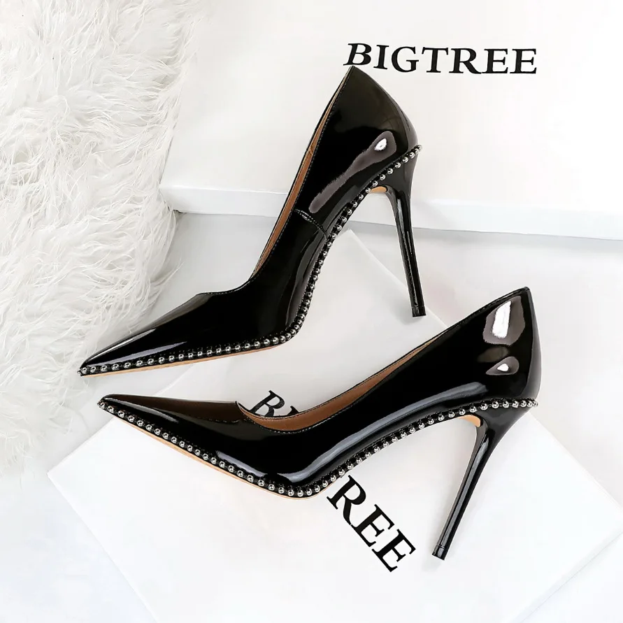 BIGTREE NEW Pumps Spring Autumn Patent Leather Pointed Toe Sexy String Beaded Shallow Women Office Shoes Ladies Thin High Heels