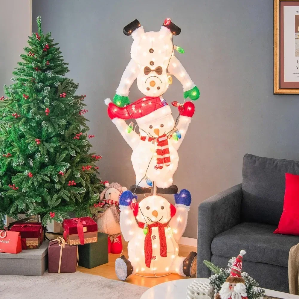 5.6 FT Lighted Christmas Stacked Snowmen Decoration, Pre-Lit Snowmen Ornament with LED Lights, Light String, Outside Xm