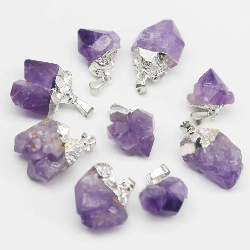 

Natural Raw Ore Amethyst Irregular Electroplated Silver Necklace Pendant Charm Earrings Jewelry Gift Accessories Wholesale 12Pcs