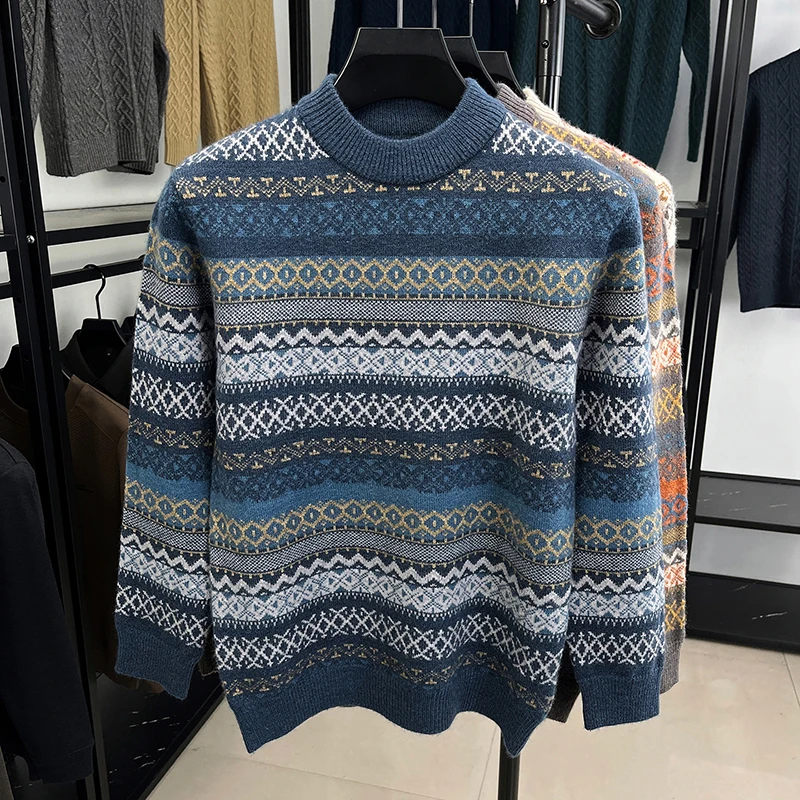 الرجال سترة متماسكة البلوز الملونة هندسية الجاكار طاقم الرقبة طويلة الأكمام الدافئة عارضة أزياء الخريف الشتاء الاتجاه ملابس رجالية