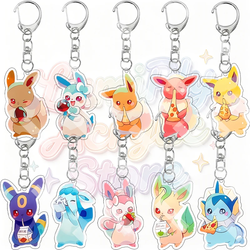 Cartoon Eevee Sylveon Espeon Umbreon Glaceon Leafeon Vaporeon Snack Drink Anime Acrylic Keychain Q Version Bag Pendant Jewelry
