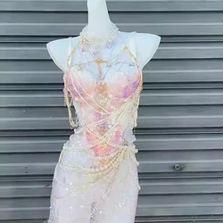 Women Mermaid Sequined Pearl Bra Dress Electric Syllable Sexy Performance Clothing Girl Night Club Bar Performance Suit