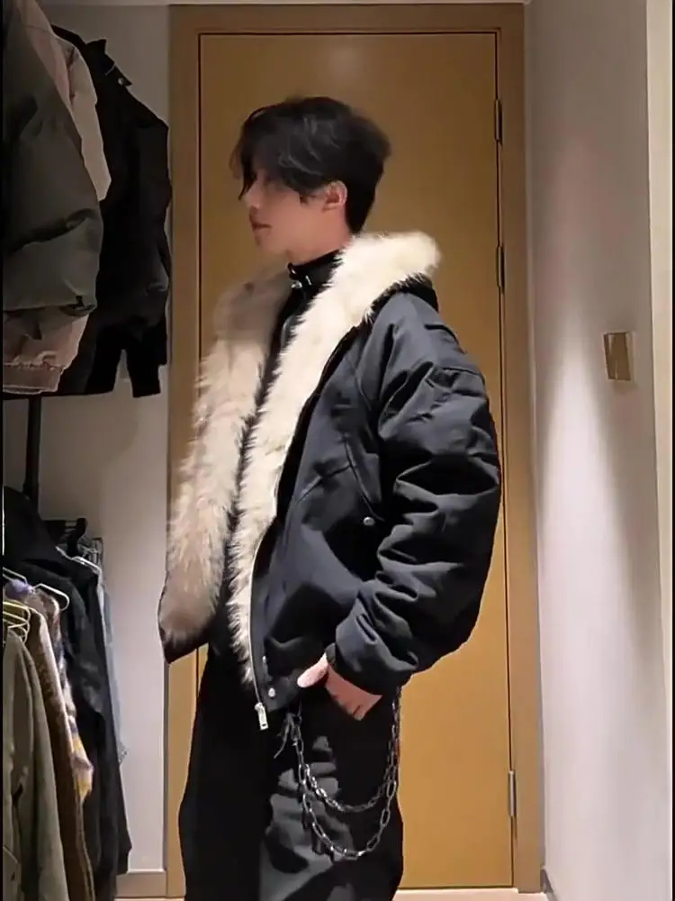 Retro American High Street Vibe Hooded Cotton Jaet Men's Thiened Fur Collar Winter Warm Faionable Casual Outerwear