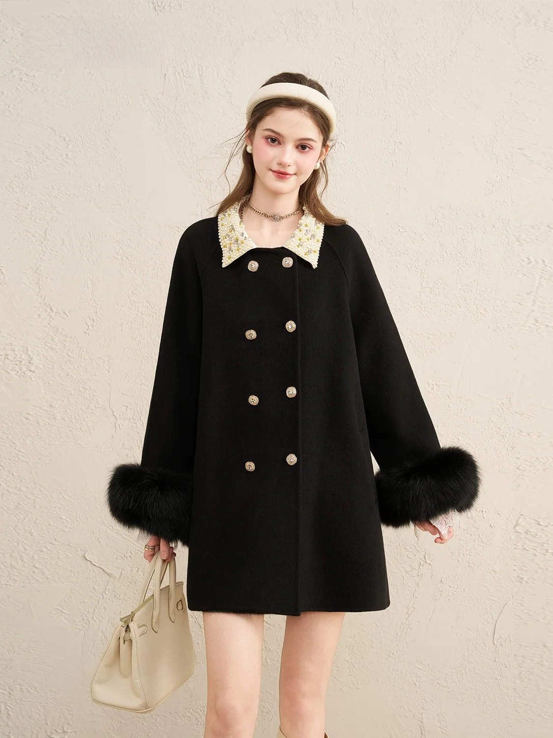 

Ele Bla Woolen Coat Women's Winter Faionable French Sle 00% Camere Long Sve Mid-Length Open-Sle Coat