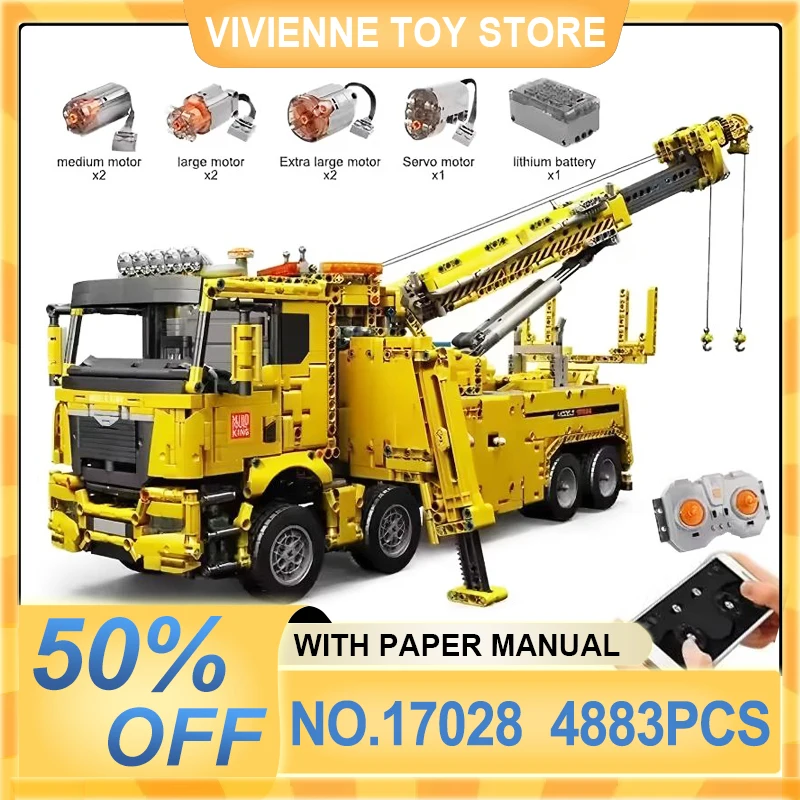 

MOULD KING 17028 Technical Road Rescue Vehicle Building Block Kits Remote Control Buildable Tow Truck Model Toys Gift For Adults