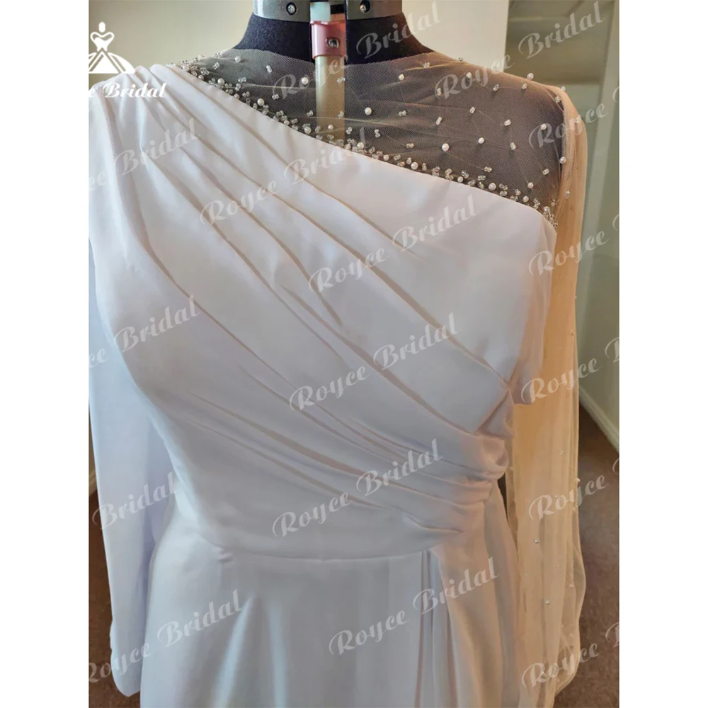 Boho completo boné manga beading plissado chiffon a linha vestido de casamento para as mulheres simples o pescoço vestido de noiva varrer robe de mariée vestido