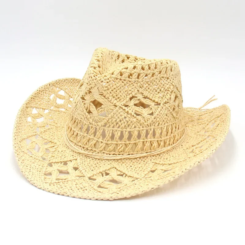 Hand woven western cowboy hats for women black straw hat men summer flanging sun visor hat hollow sombreros beach hat