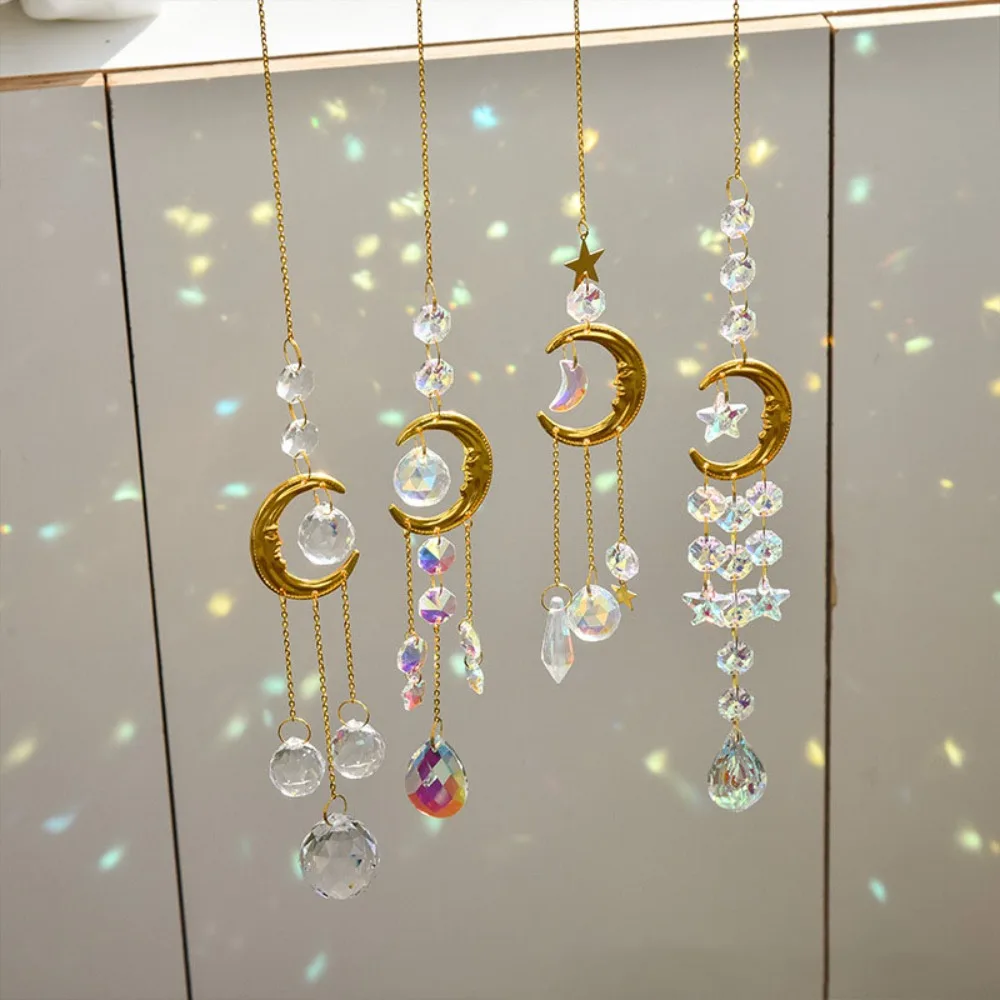 Cute Christmas Garden Decoration Smiling Moon Sun Multicolored Sunshine Catcher Window Ornament Gift Crystal Pendant Home