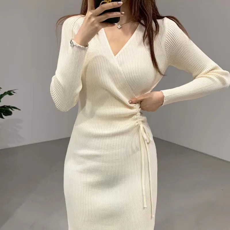 

2024 Elegant Casual Knitted Dresses Women Spring Autumn V Neck Long Sleeve Elastic Waist Midi Dress Korean Style Office Dress