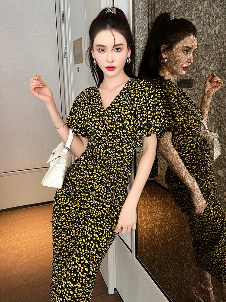 Elegant Women Dress Summer Retro Casual Sexy V-Neck Print Skinny Draw String Wrap Slit Midi Party Beach Lady Robe Mujer Vestidos