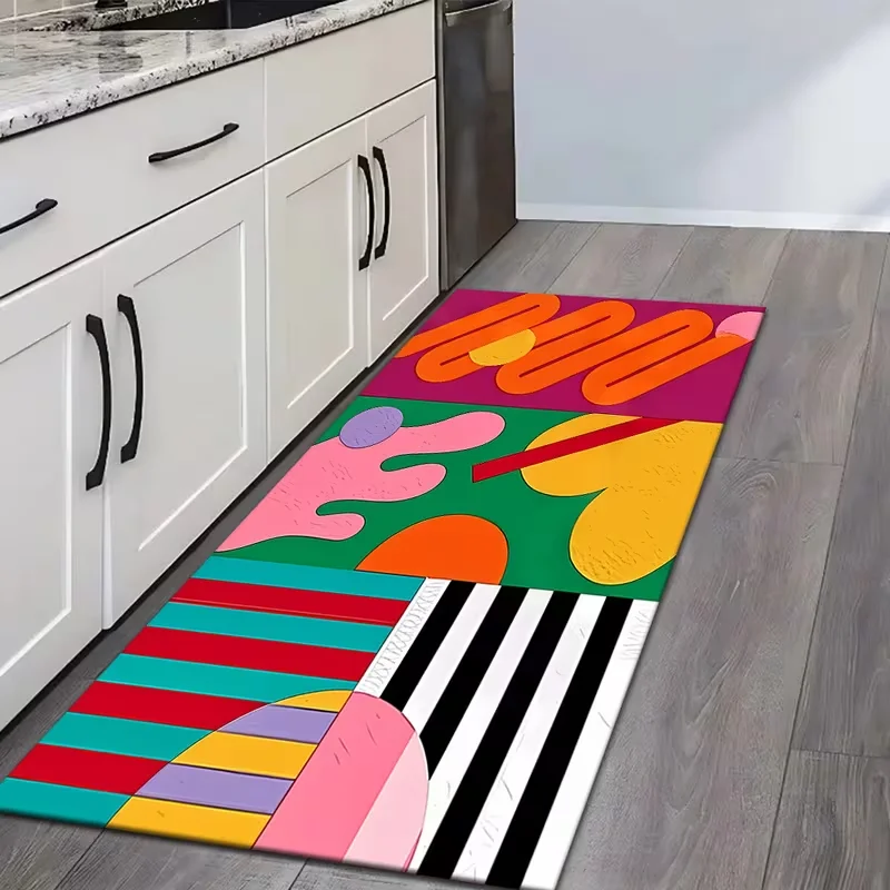Vibrant Abstract Multi-Color Kitchen Runner, Modern Pop Art Geometric Hallway Rug, Durable Non-Slip Washable Floor Mat for Home