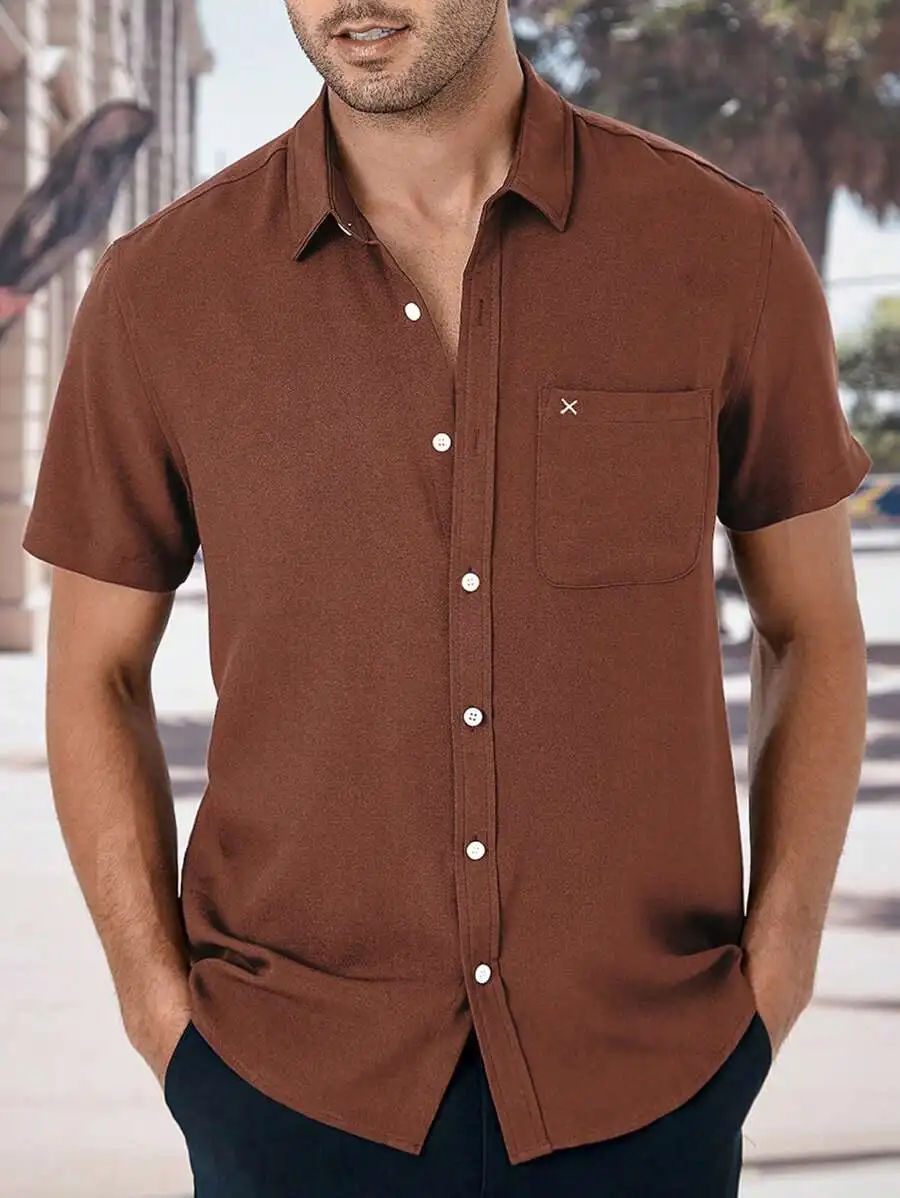 

Men's Brown Casual Short Sleeve Button-Up Shirt with Chest Pocket