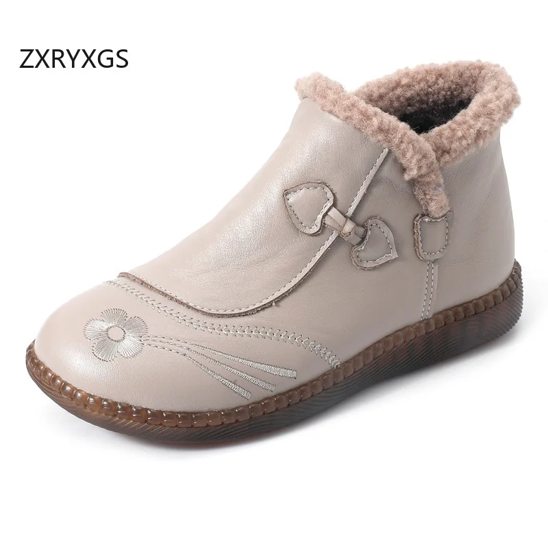 ZXRYXGS 2026 New Genuine Leather Embroidery Women Winter Boots Short Comfortable Warm Snow Boots Flat Large Size Trendy Boots