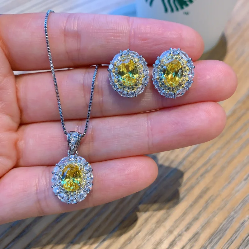 

Jewelry Set European and American Micro Paved Yellow Crystal Necklace Exquisite Yellow Gemstone Earrings