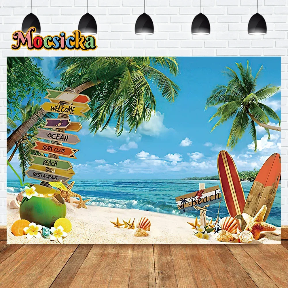 MOCSICKA летний пляжный фон для вечеринки, день рождения, фотобаннер, доска для серфинга, кокосовая пальма, цветы, фон для фотосъемки