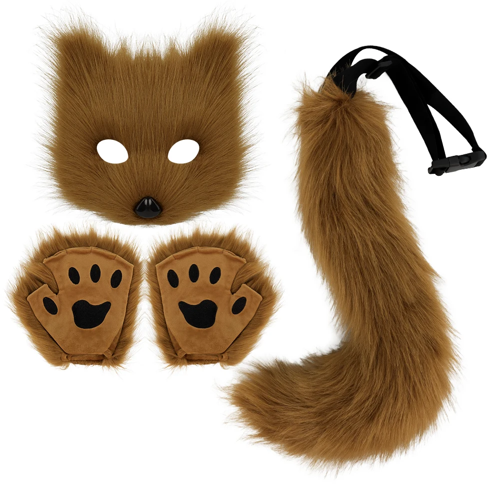 Christmas Gift 3pcs, Halloween Costume Party Set Realistic Fox Mask Gloves Plush Tail Handmade Furry Tail image 3
