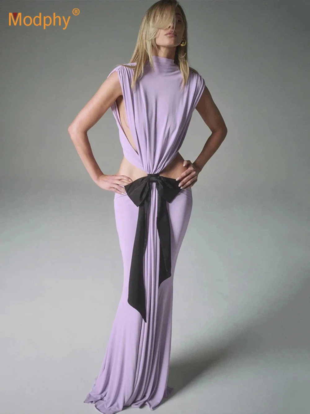 Modphy elegante sem costas cortar magro maxi vestidos para mulher 2025 sexy sem mangas arco longo feriados festa formal vestidos de noite