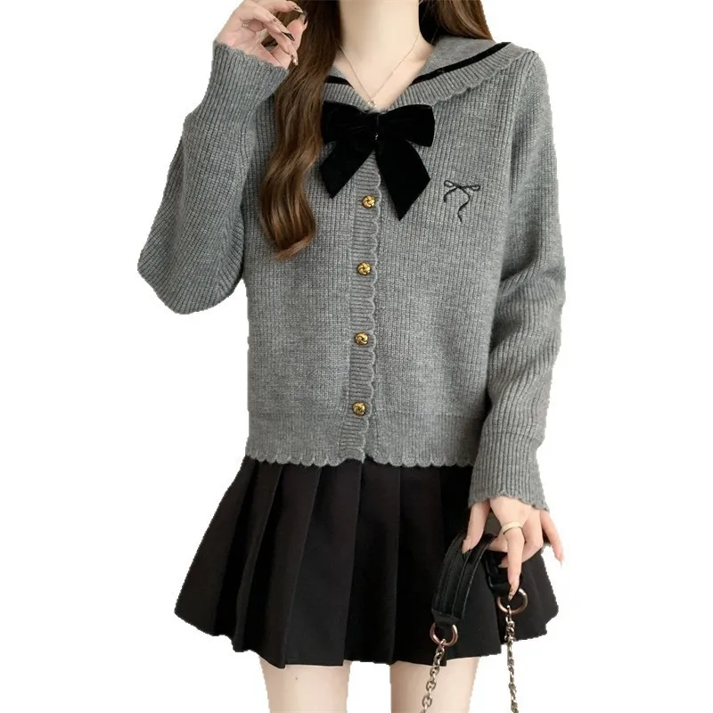 Doce camisola de malha cardigan casaco gola marinha nó macio plus size faculdade sle primavera outono thiened cordeiro veludo